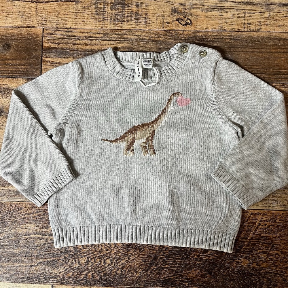 Janie and Jack Heart Dino Sweater Baby Girls 12-18m Gray Valentine Winter Cozy